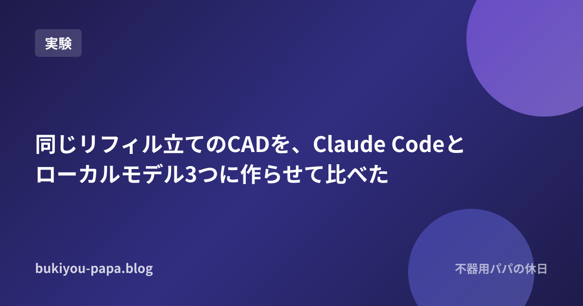 同じリフィル立てのCADを、Claude Codeとローカルモデル3つに作らせて比べた
